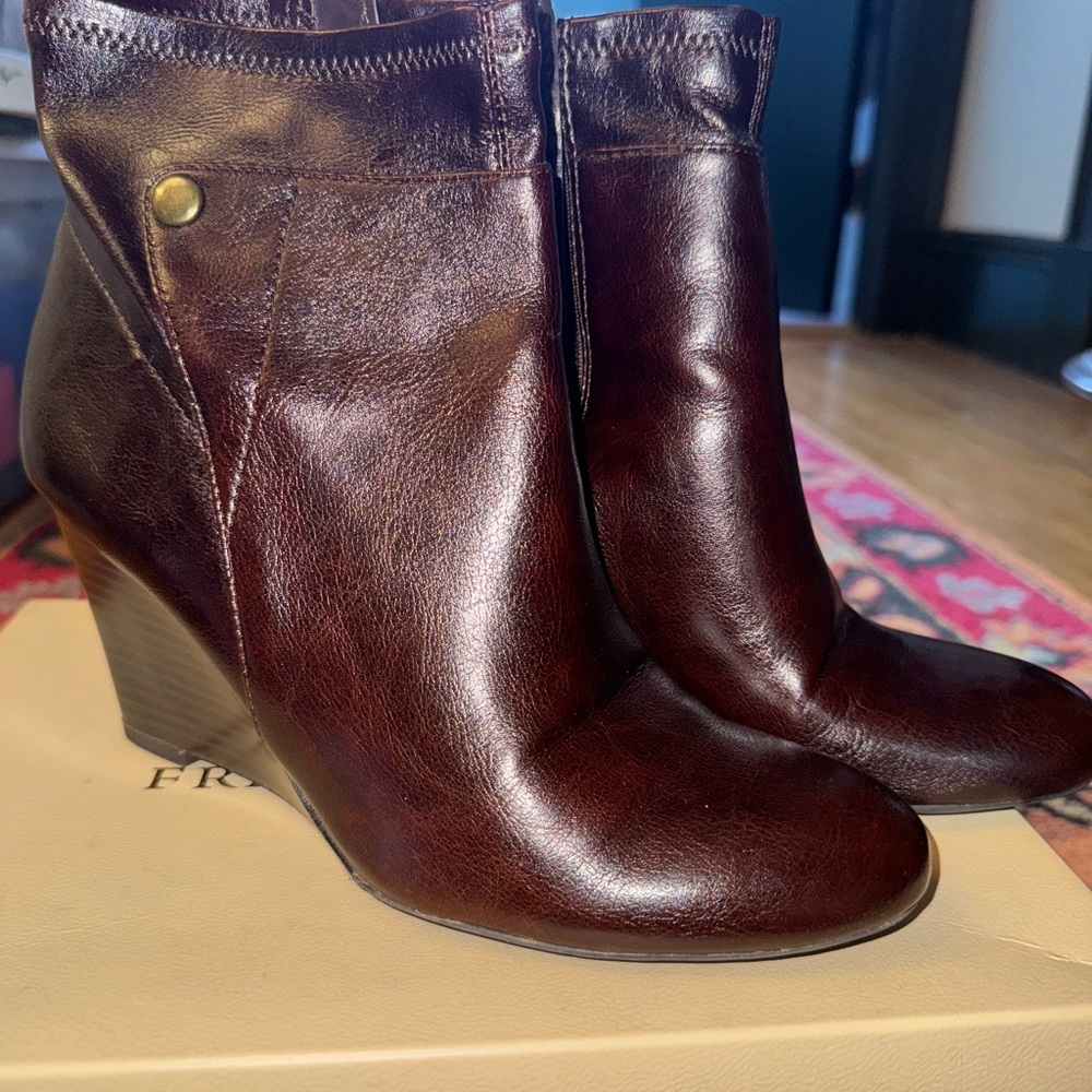 Franco Sarto Elegant Brown Leather Ankle Wedge Boots